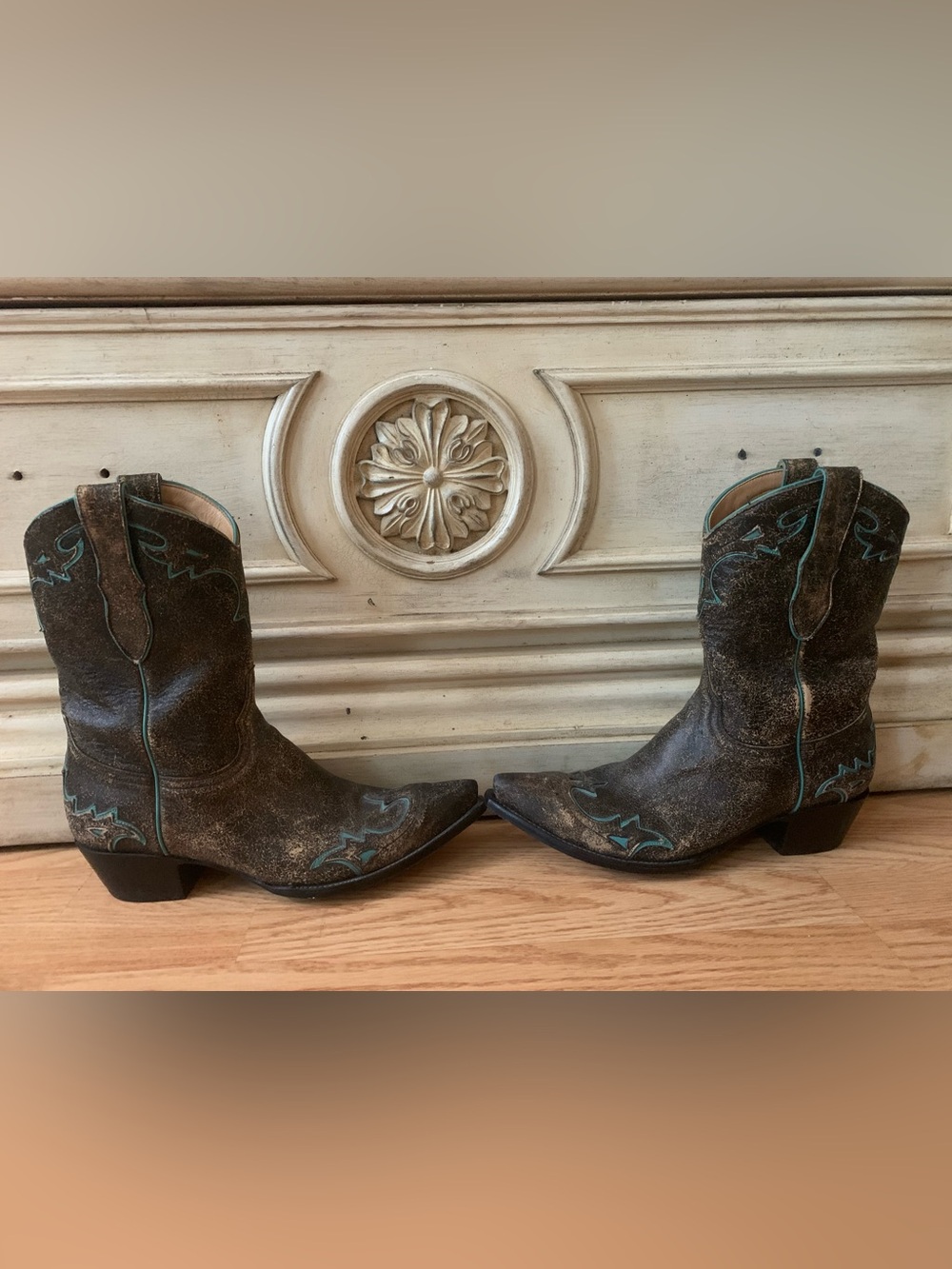 Old Gringo Distressed Brown Leather Western Boots with Teal Stitching Size 9 1/2 - Picture 8 of 14
